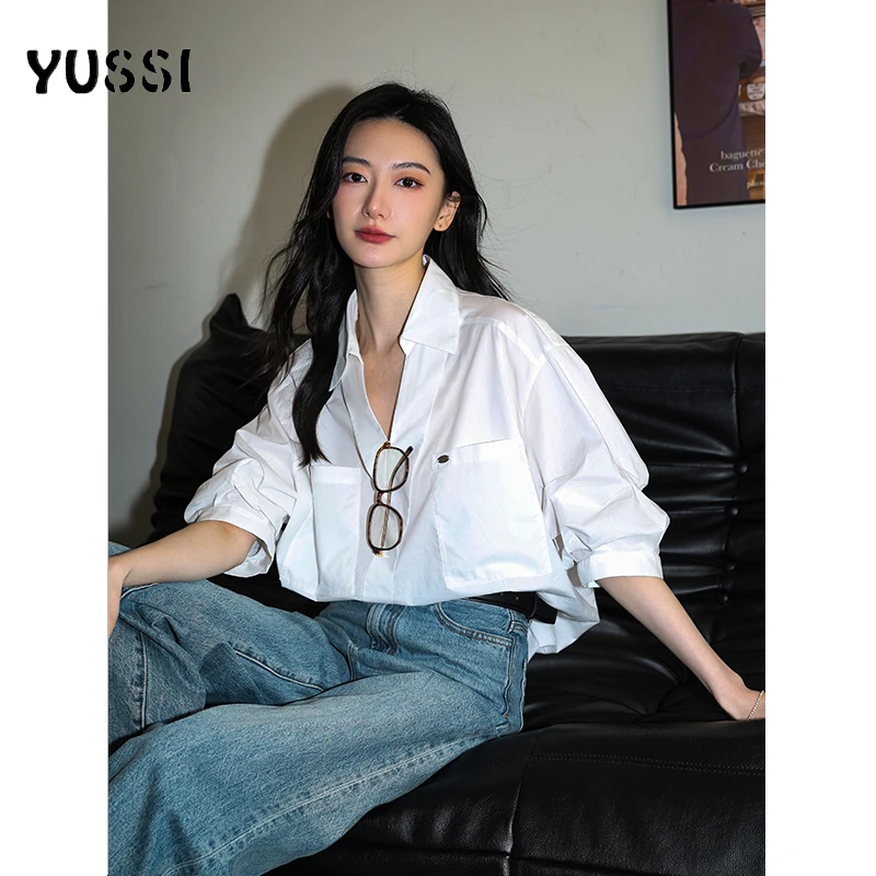 YUSSI【自在简括】法式气质V领天丝衬衣夏季宽松港风高级感通勤衬衫