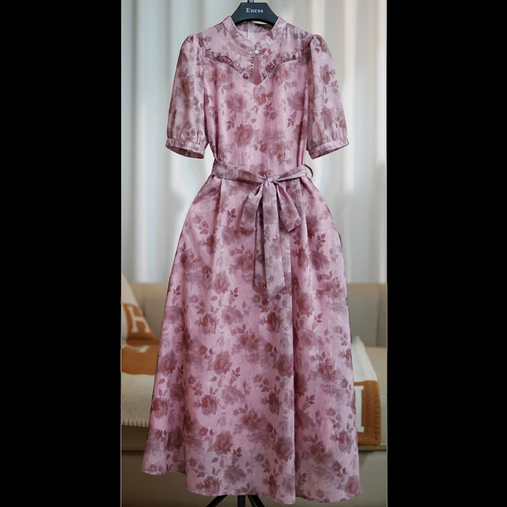 露露-【粉雾蔷薇】百搭气质显瘦时尚大码中长款连衣裙-3816#