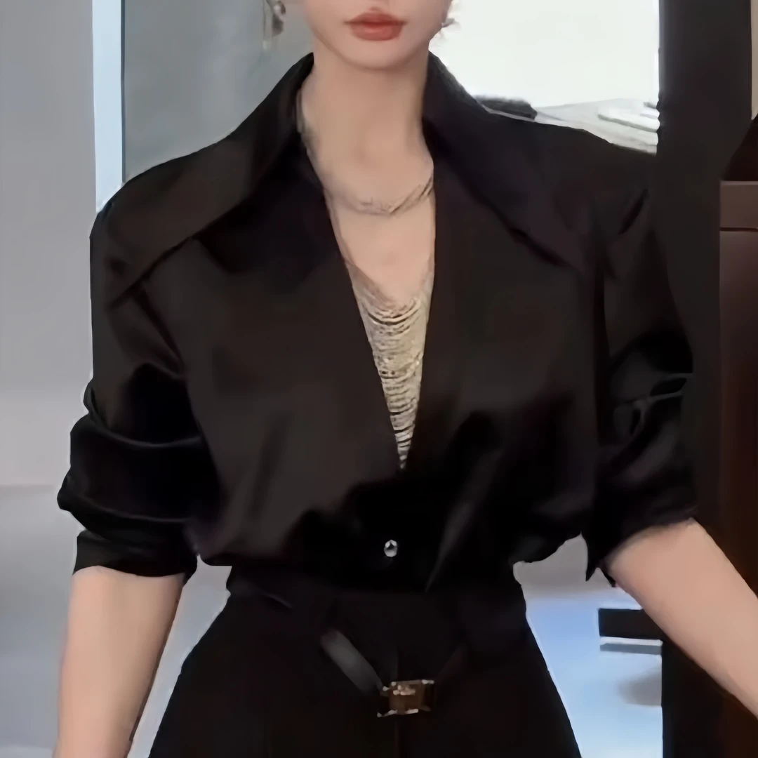 法式简约polo领长袖衬衫女2025秋季新款宽松显瘦气质百搭通勤衬衣