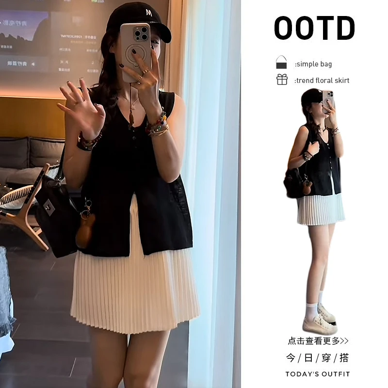 【现货】夏季穿搭一整套2025新款韩版黑色无袖衬衫百褶短裙两件套女