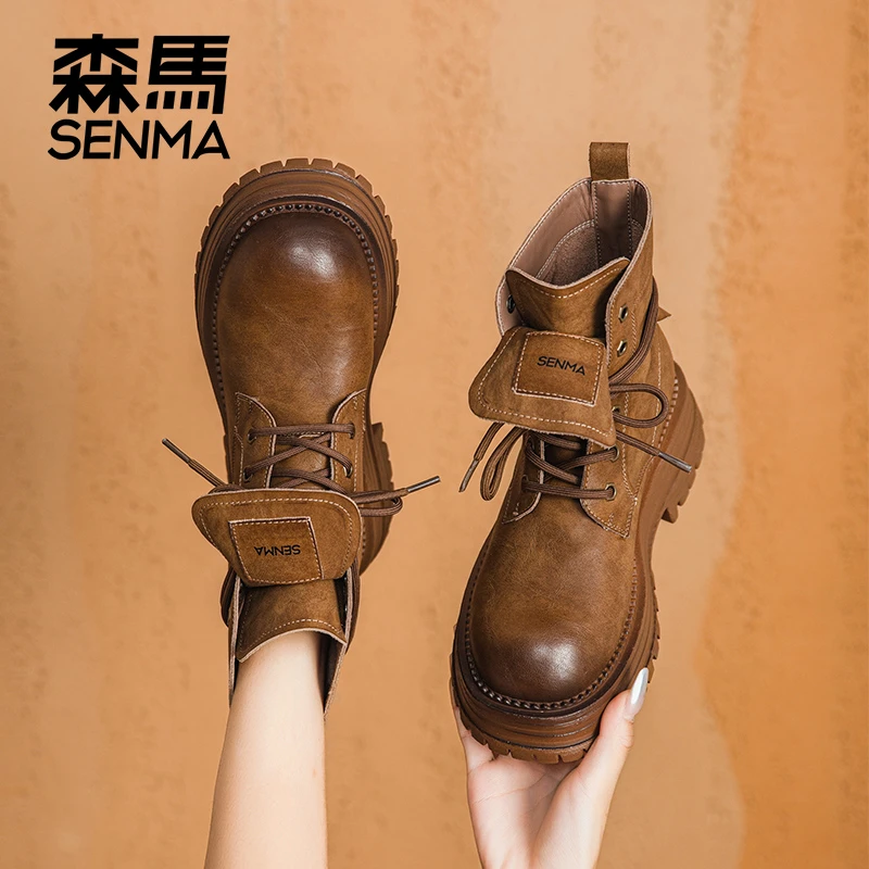 【抖音双11】SENMA/森马女鞋秋冬爆款真皮马丁靴厚底增高马丁靴女