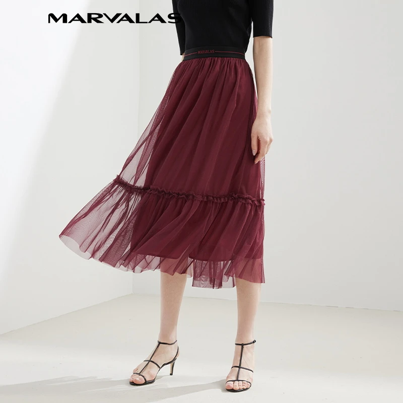 曼德诗网纱半身裙女春季新款百搭高腰230349-91352