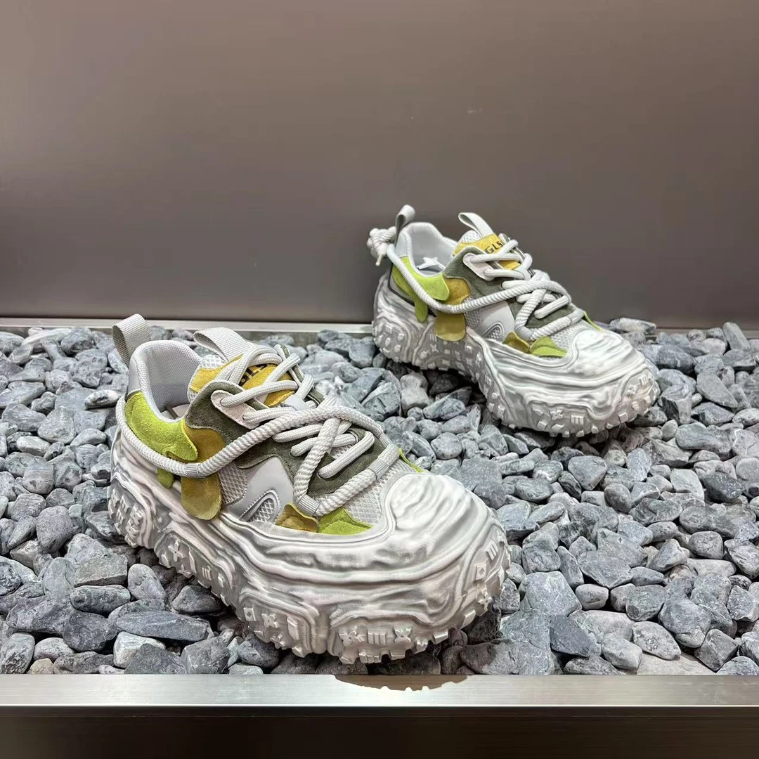 2025春夏新款低帮男鞋厚底贝壳头溶解鞋系带擦色时尚百搭透气网鞋