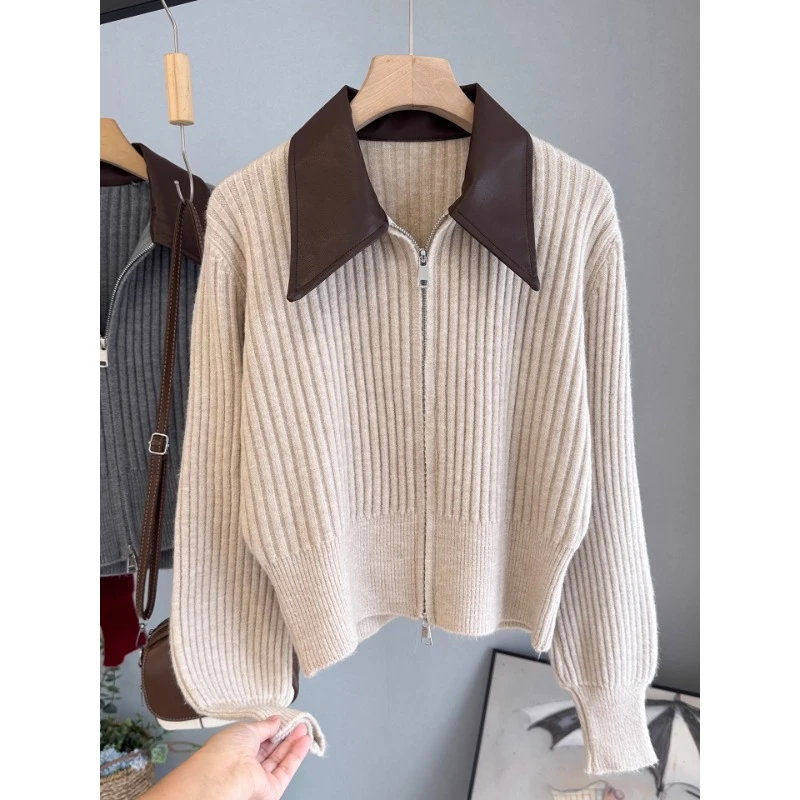 设计感拼接皮领毛衣外套女2025秋装新款韩版修身显瘦针织开衫上衣