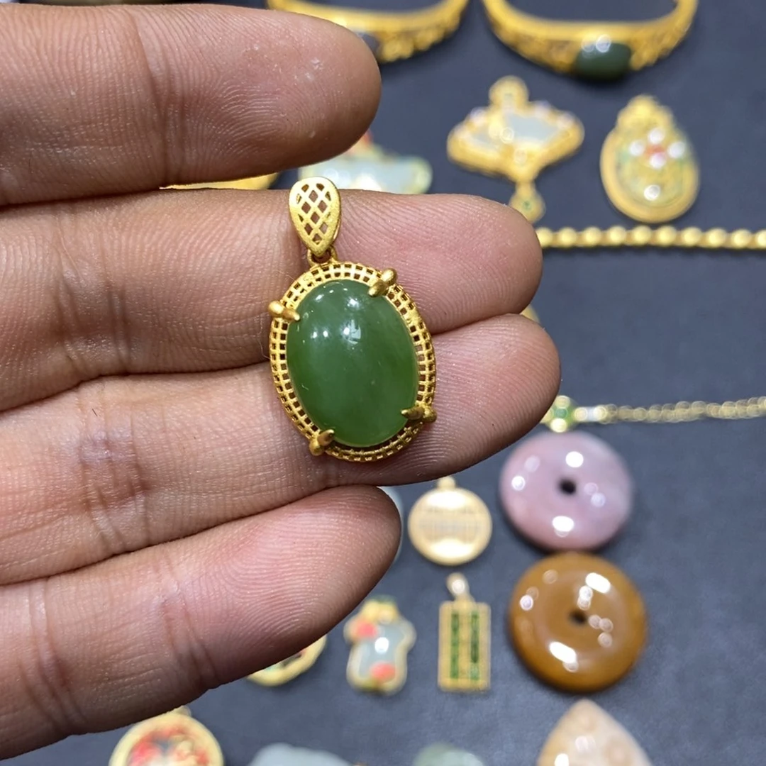 和田玉颈饰银S925镀金镶嵌