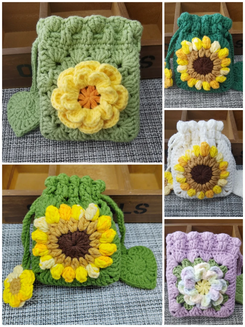 【成品】DIY手工钩针编织耳机包祖母格口红迷你束口包雪妃尔新疆棉