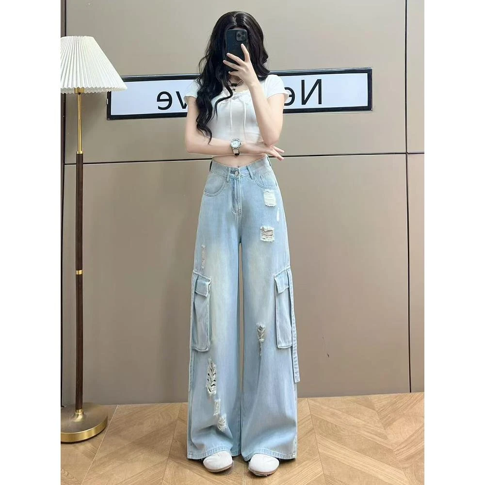 工装破洞阔腿牛仔裤女2025年新款夏季薄款时髦宽松辣妹超火直筒裤