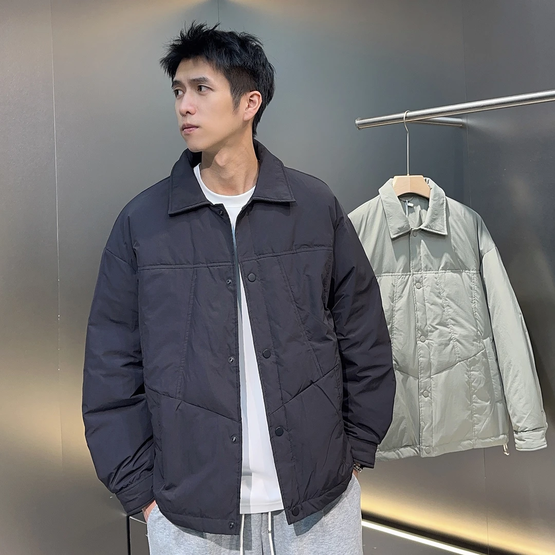 2025冬季新款90绒轻薄羽绒服男时尚潮流纯色拼接翻领男士保暖外套