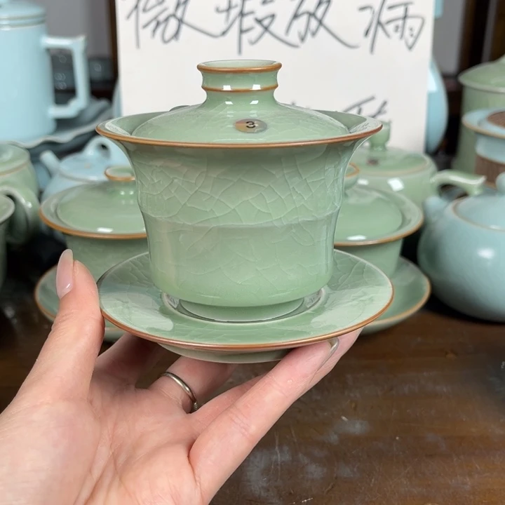 3号豆绿竹节盖碗不完美