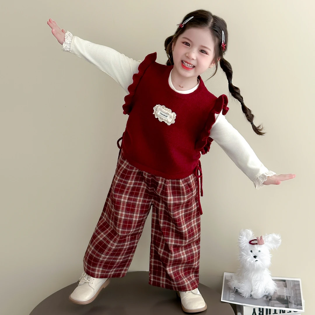 女童毛衣马甲套装春秋季新款儿童洋气女宝宝秋装休闲格子裤两件套