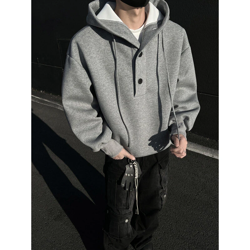 灰色cleanfit连帽卫衣男款春秋季美式复古高级感重磅情侣帽衫外套
