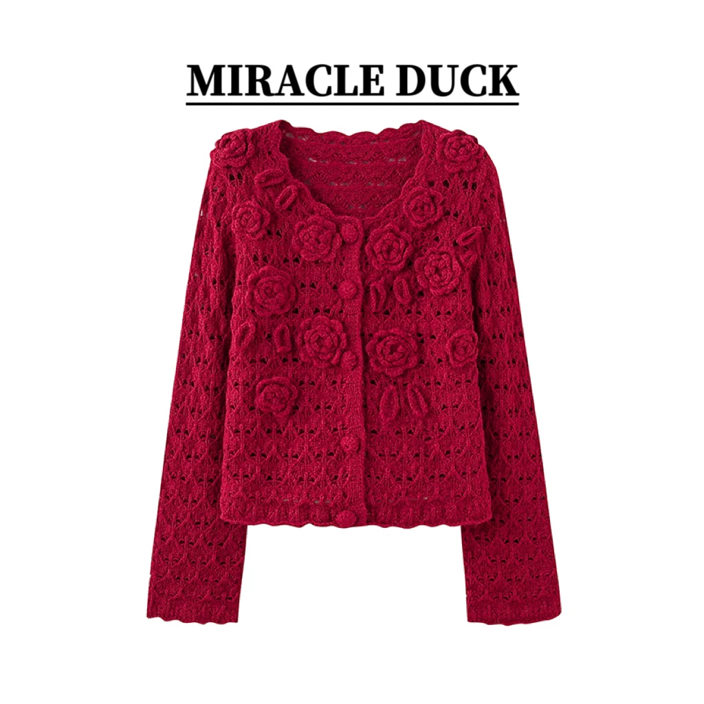 【秋日玫瑰】小香风毛衣针织纯手工钩花长袖短款美观C1850