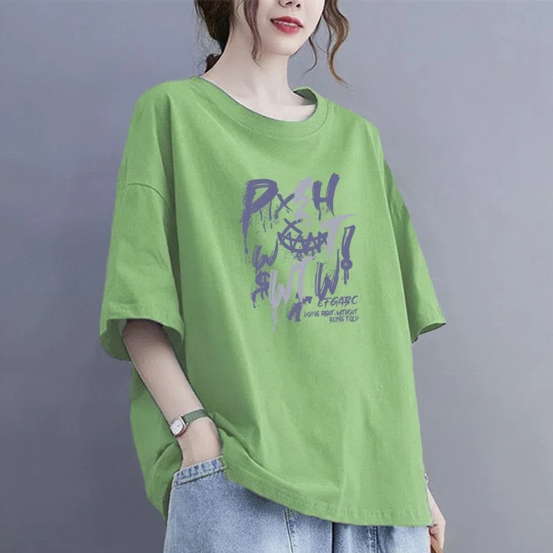 200斤纯棉短袖T恤女夏季大码中长款潮休闲宽松圆领印花胖妹妹恤