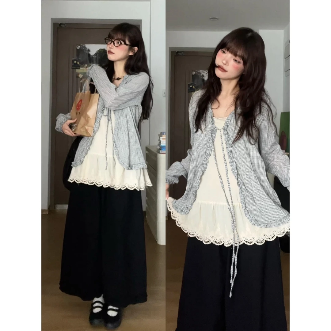 学院风夏季复古文艺格子木耳边系带罩衫百搭蕾丝吊带阔腿休闲裤子