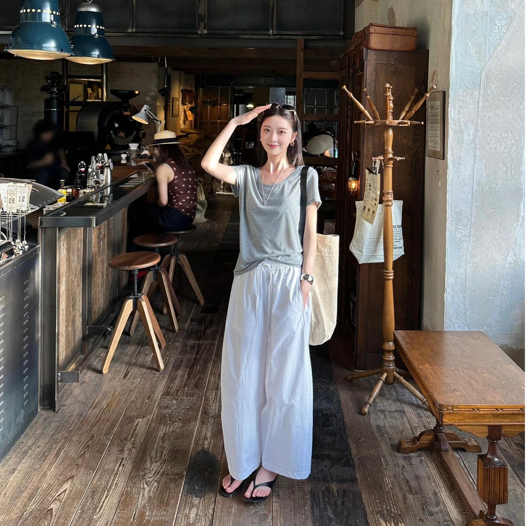 法式气质休闲短袖T恤上衣女夏季新款宽松显瘦高腰阔腿裤两件套装