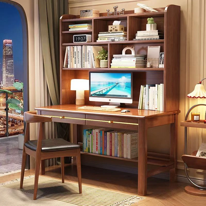 北欧实木书桌书架一体桌学生家用电脑桌现代轻奢办公桌卧室学习桌