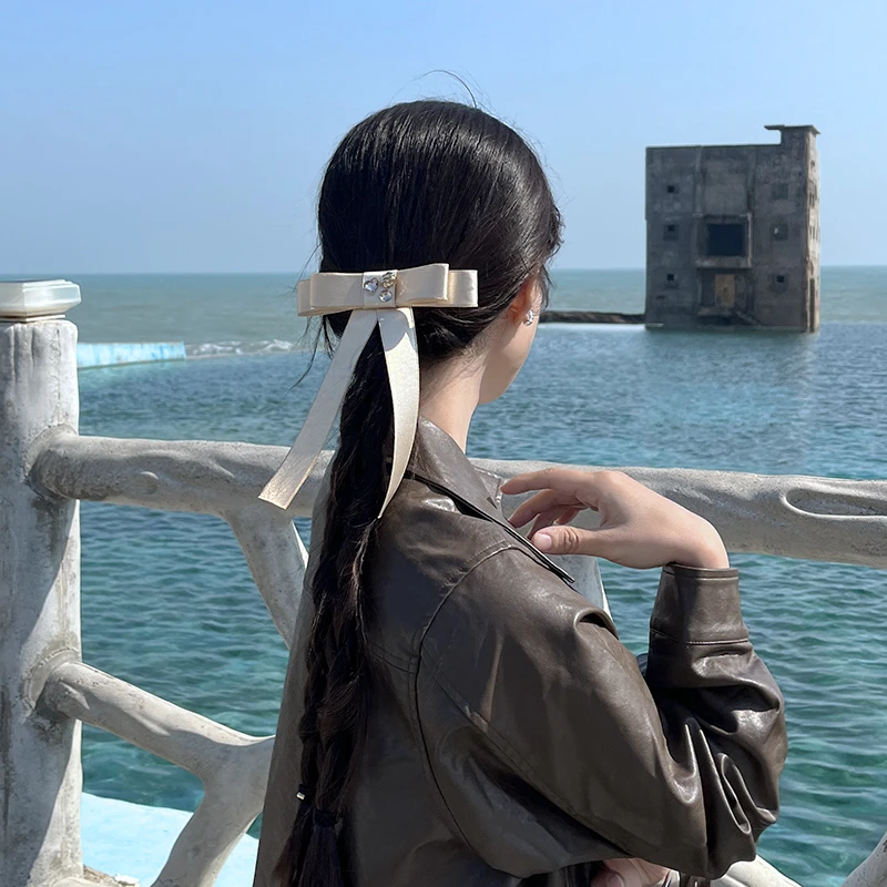 蝴蝶结发饰飘带发夹女士弹簧夹高质量气质后脑勺半扎发鸭嘴夹发卡
