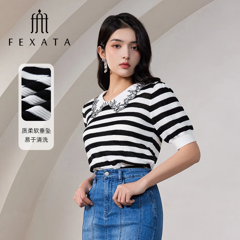 FEXATA斐格思上衣女商场同款2025夏新品复古简洁黑白条纹针织衫