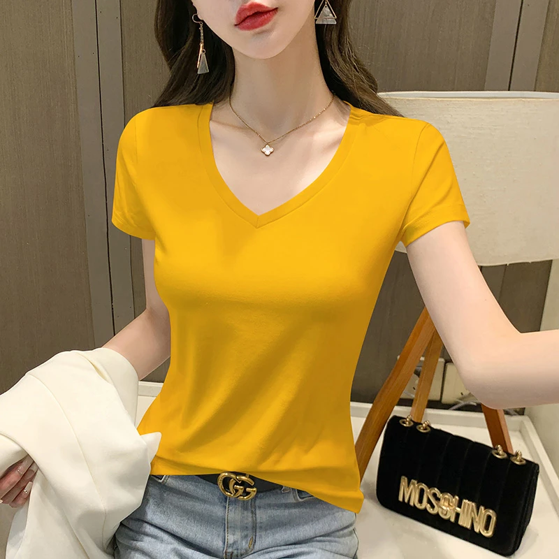 姜黄色短袖t恤女V领纯棉上衣夏季2025新款小个子修身显瘦正肩体恤