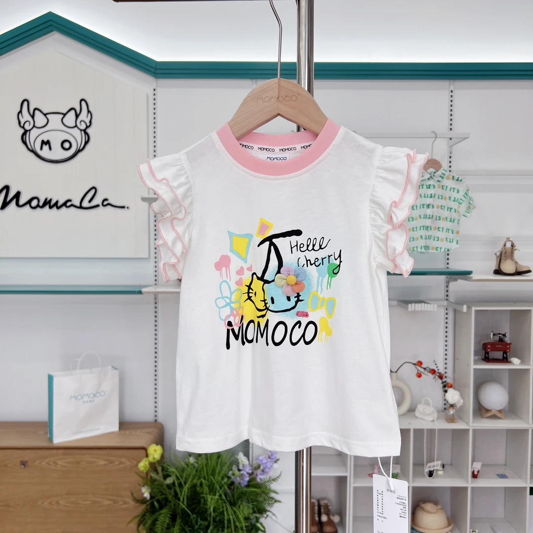MOMOCO女童夏季时尚休闲韩系卡通猫咪带花朵飞袖T恤77630235216