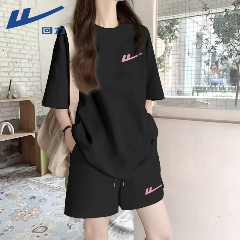 回力运动套装女款2025新款爆款夏季休闲短袖五分裤户外跑步两件套