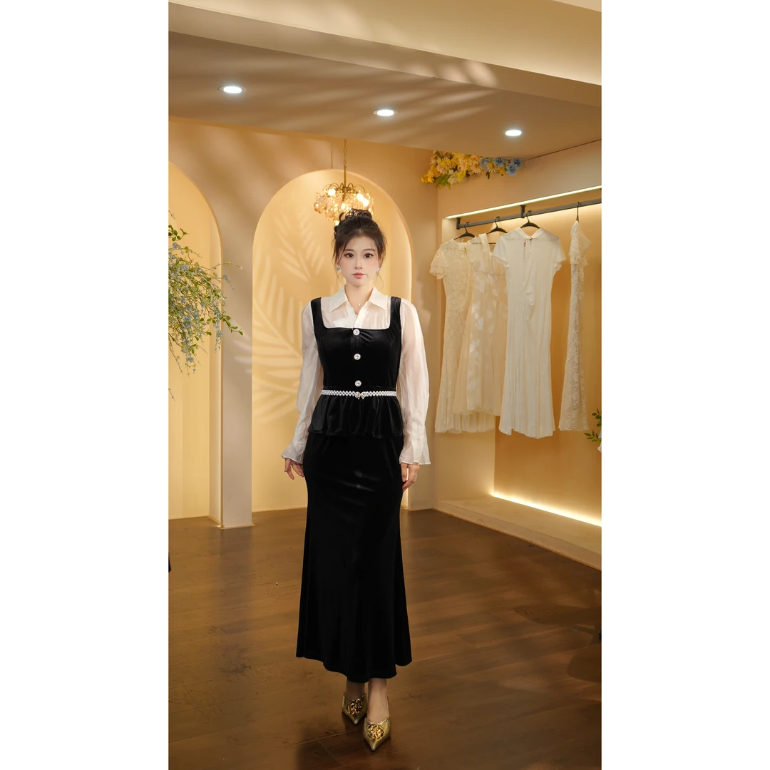 【王超越专属】-644气质高端显瘦小香风黑色假两件衬衫裤子DMG1095