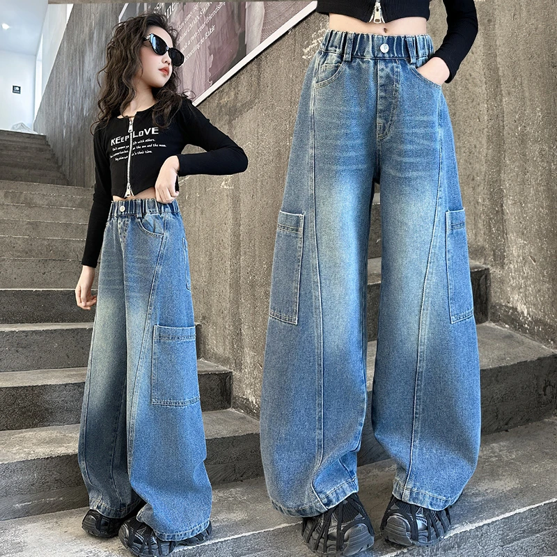 女童牛仔裤2025春秋新款儿童潮酷裤子春季女孩中大童直筒工装裤