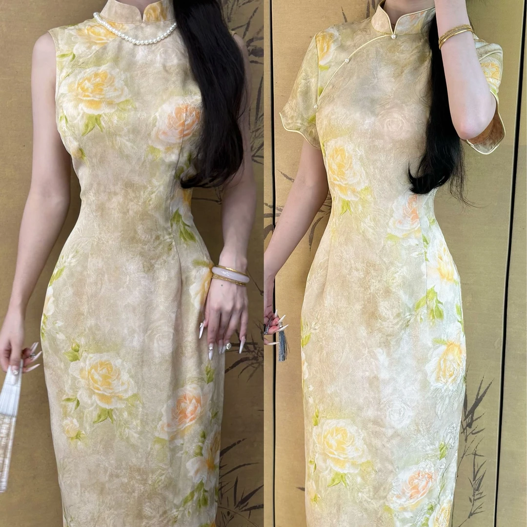 LHMknk1画报夫人原创自制新中式缎面萝孔无袖港工旗袍 平替芍药花