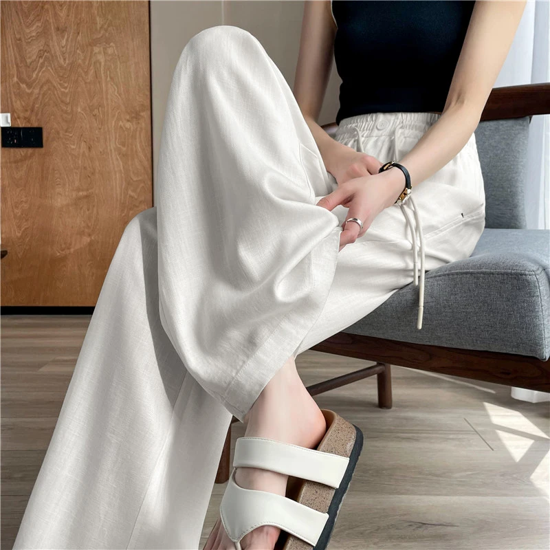 高腰宽松显瘦直筒休垂感阔腿裤人字纹麻布料一扣松紧腰抽绳长裤