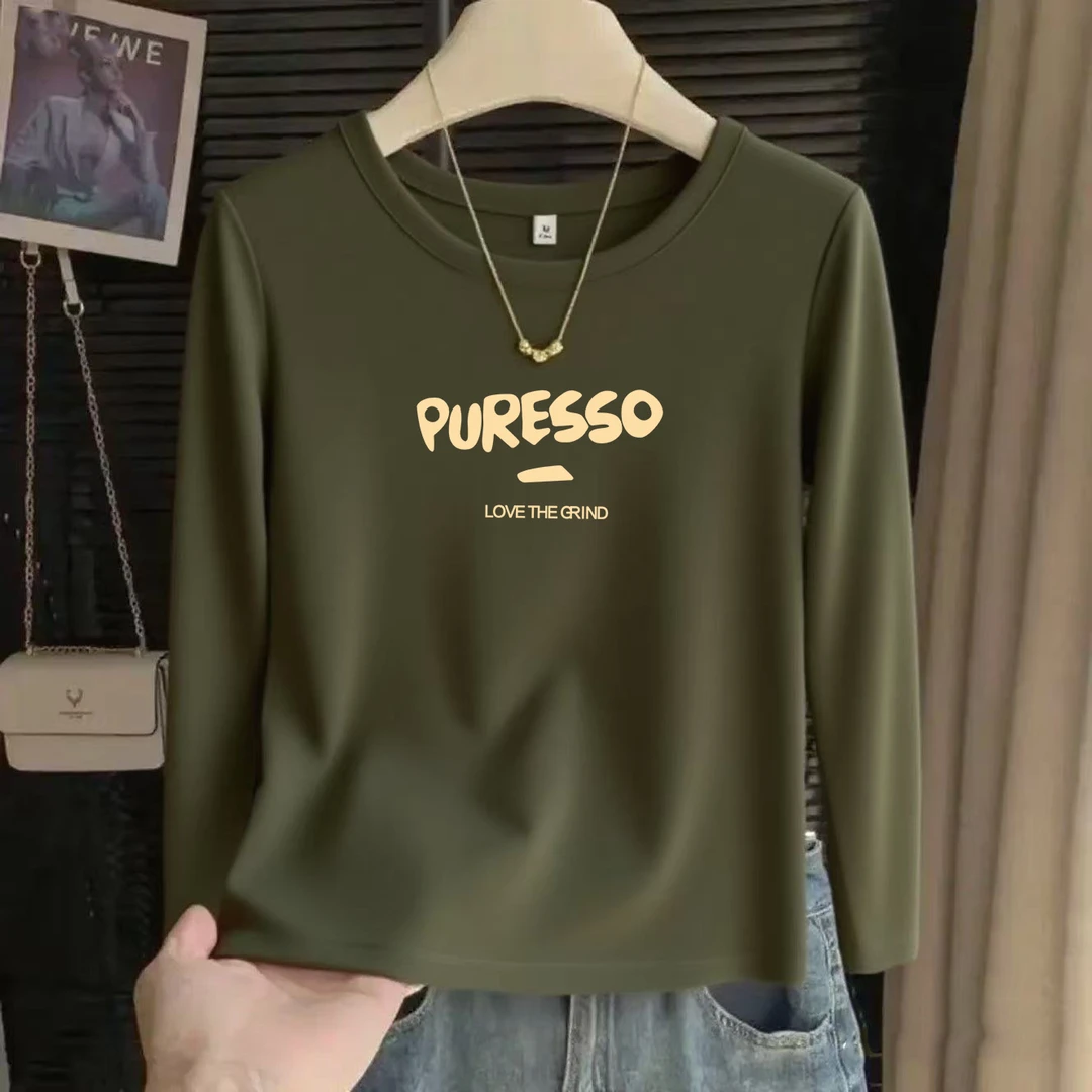 军绿色长袖t恤女2025早秋新款棉体恤修身百搭打底衫内搭圆领上衣