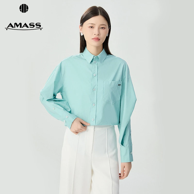 阿玛施AMASS新款女装减龄通勤简约中长款宽松长袖棉质衬衫5300910