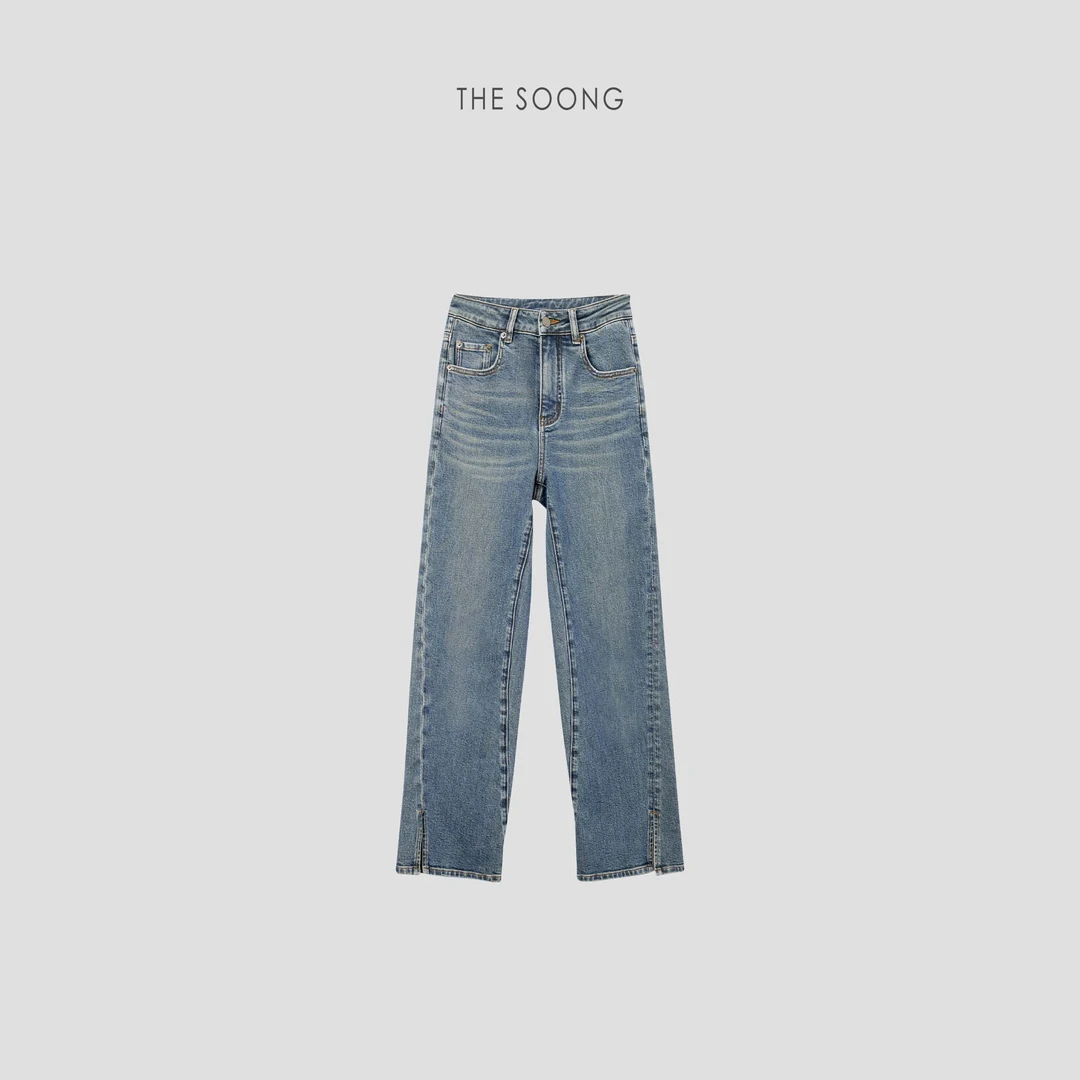 THESOONG|"进口土耳其"开叉立体阔腿蓝色牛仔裤