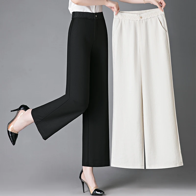 夏季新款松紧腰女士白色阔腿高腰西裤薄款中老年妈妈直筒九分裤子