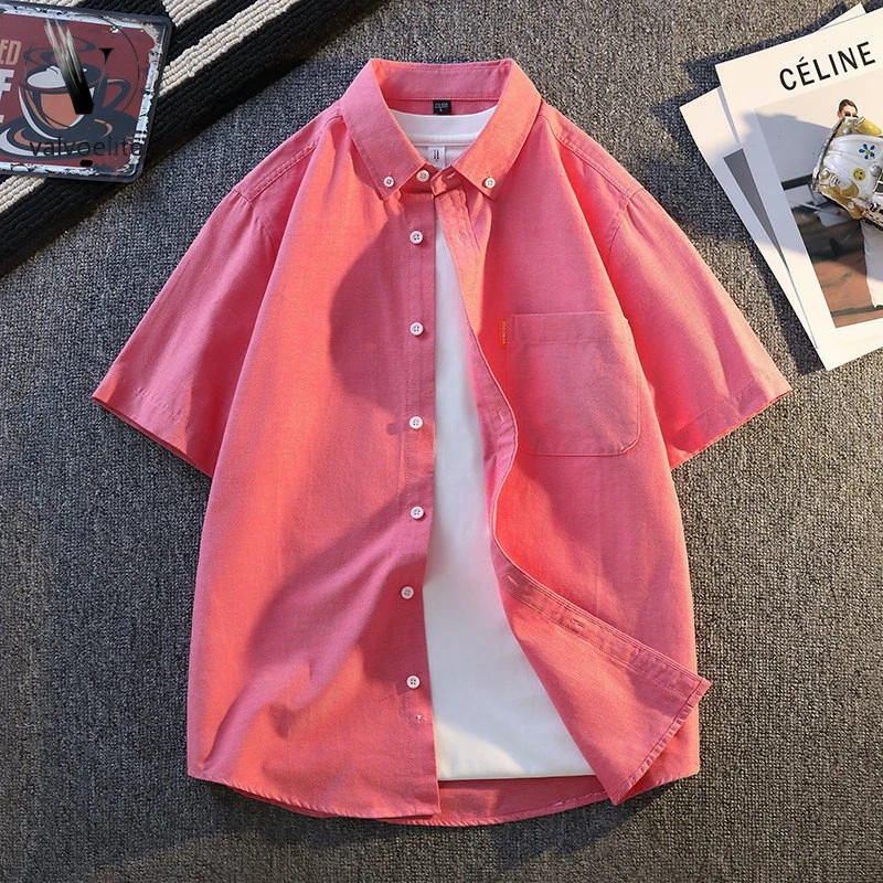 VALVOELITE男生夏日穿搭粉红色牛津纺衬衫短袖青少年感帅气衬衣服