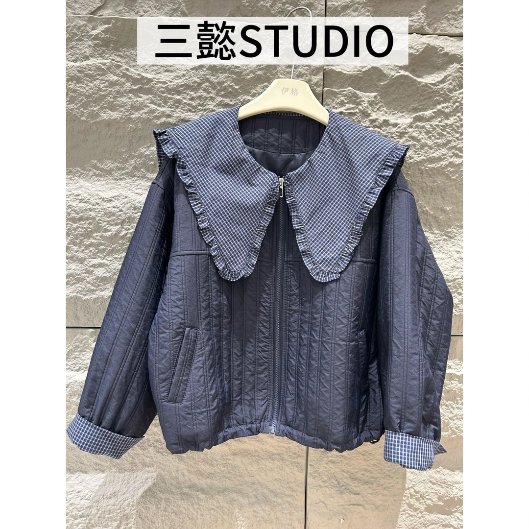 【三懿服饰】秋季新款大翻领设计感娃娃领薄棉外套-5844