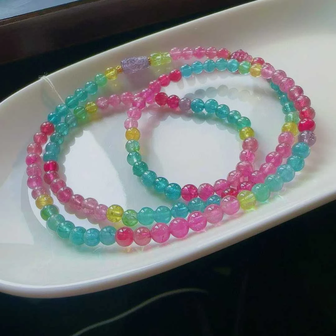 天然真品彩虹碧玺手串三圈4.6mm20.1g正品碧玺多圈手链女招财旺夫