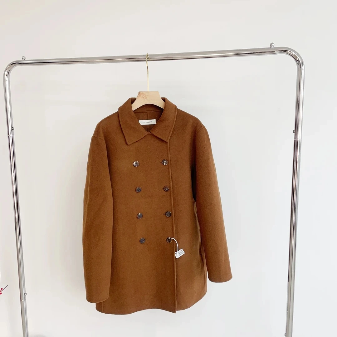 L224 双排扣翻领驼黄色双面手缝毛呢外套