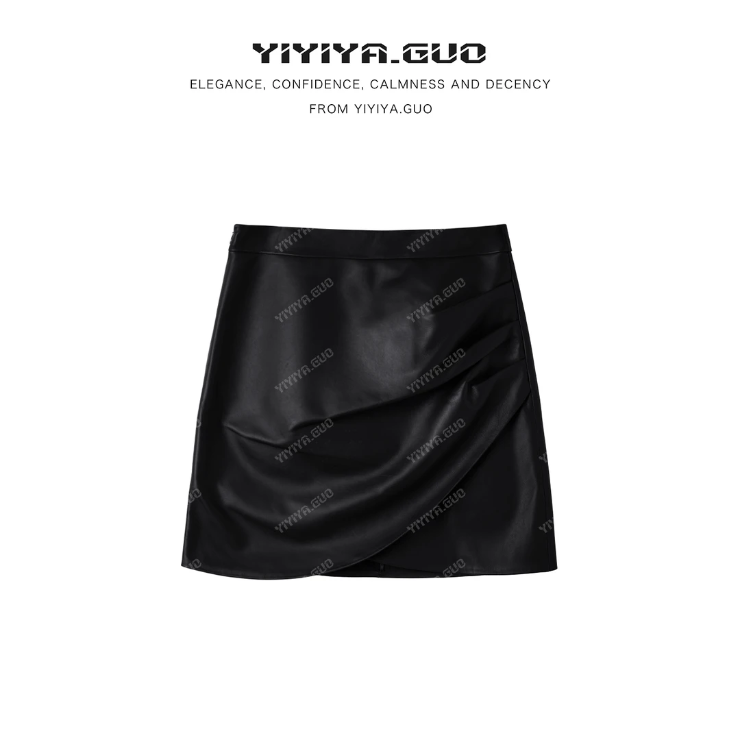 yiyiya.Guo艺艺吖【美拉德】褶皱包臀不规则短皮裙080238SS52