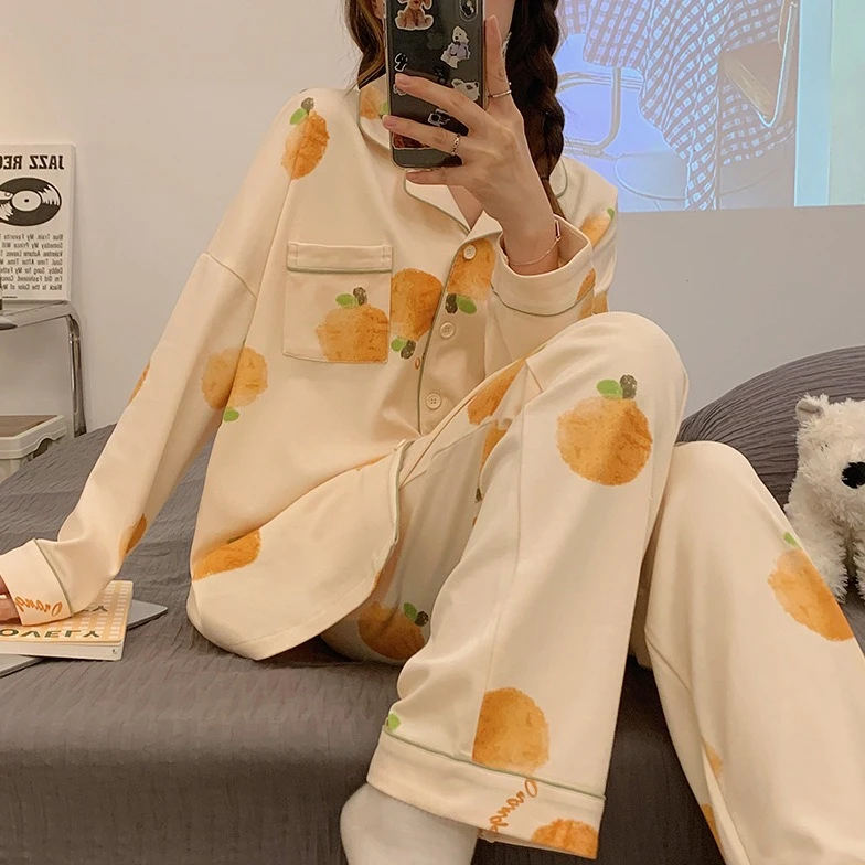 日系睡衣女开衫翻领KT猫长袖长裤卡通可爱甜美风宽松家居服情人节