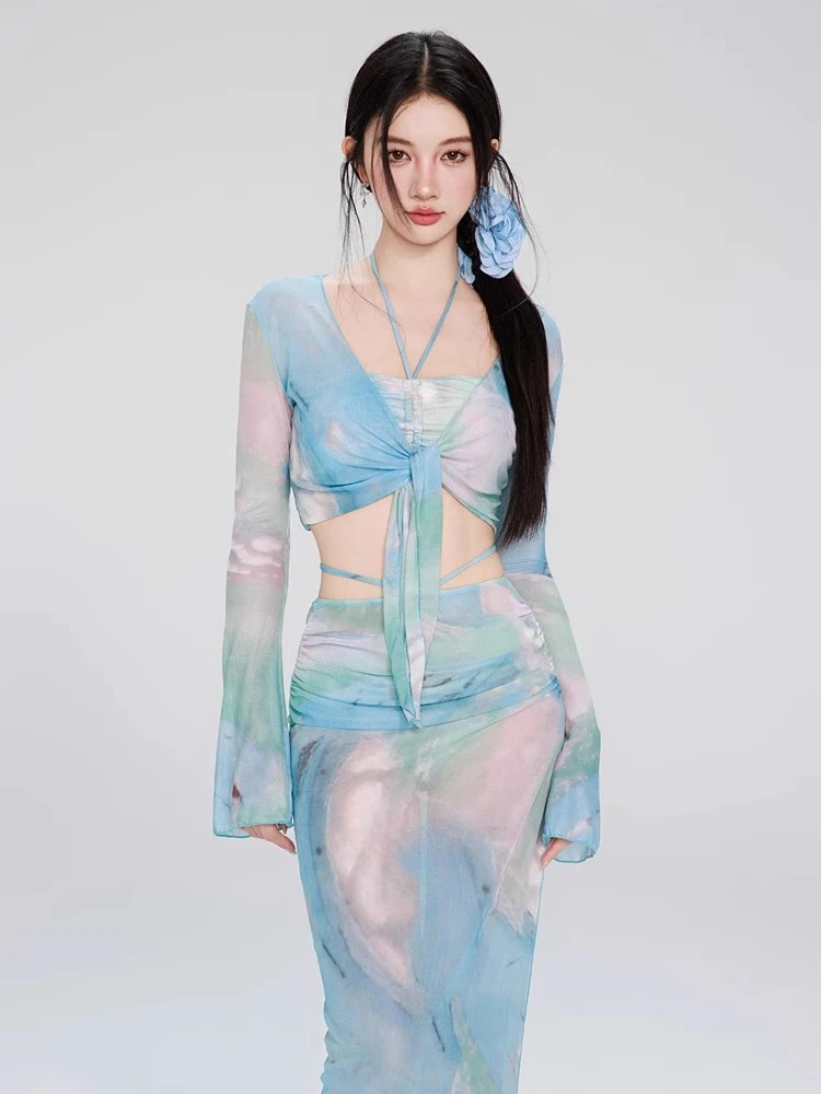 泳衣女长裙比基尼性感四件套长袖防晒外搭超仙少女感温泉泳装