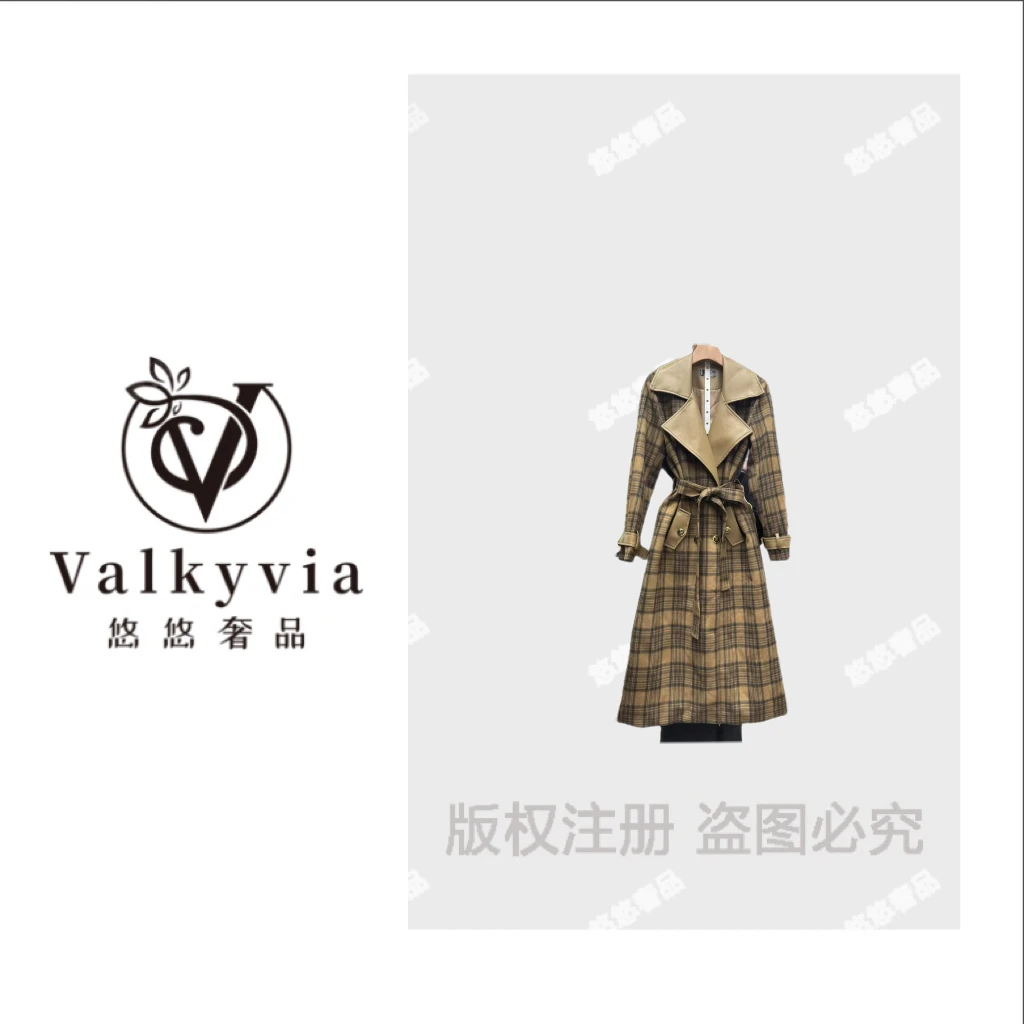 Valkyvia/悠悠奢品格纹时尚秋冬新品女装翻领长袖风衣Y25162Y