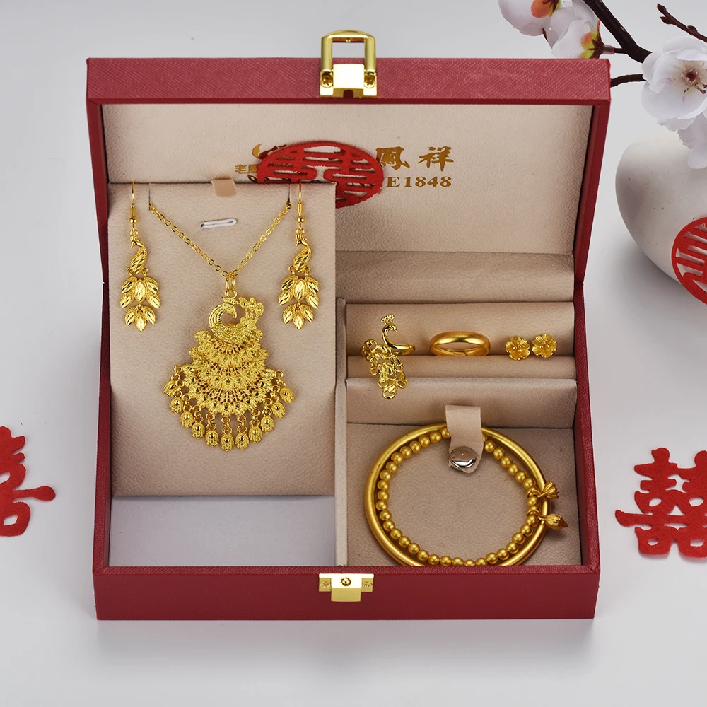 合金手镯 结婚首饰五金套装假三金仿真金孔雀项链女首饰订婚套装