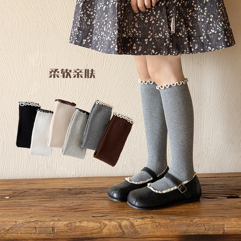 女童中筒袜春秋薄款公主袜木耳边小腿袜韩版洋气简约宝宝儿童袜子