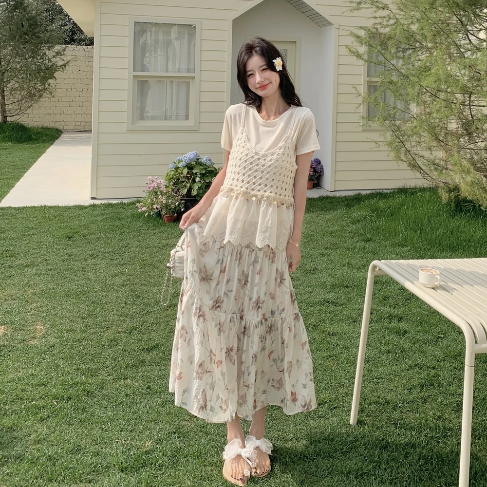 韩系度假风蕾丝钩花马甲套装裙女夏新款显瘦短袖T恤半身裙三件套