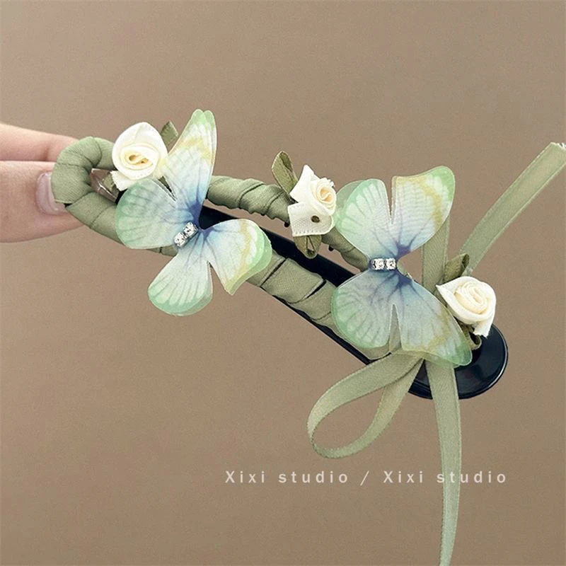 花朝花暮!绿色蝴蝶结鸭嘴夹!氛围感蝴蝶发夹新中式发卡女盘发器