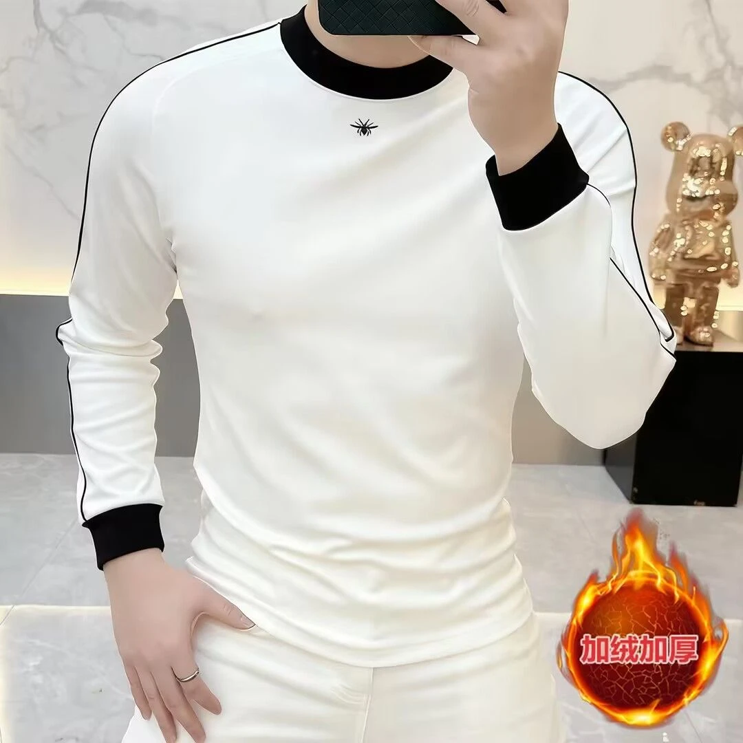 2025欧版高品质男士刺绣加绒时尚保暖潮流百搭打底衫长袖卫衣2502