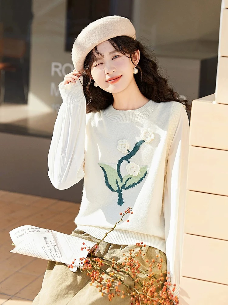 法式假两件长袖毛衣针织衫女2024秋季新款高级感立体花朵上衣