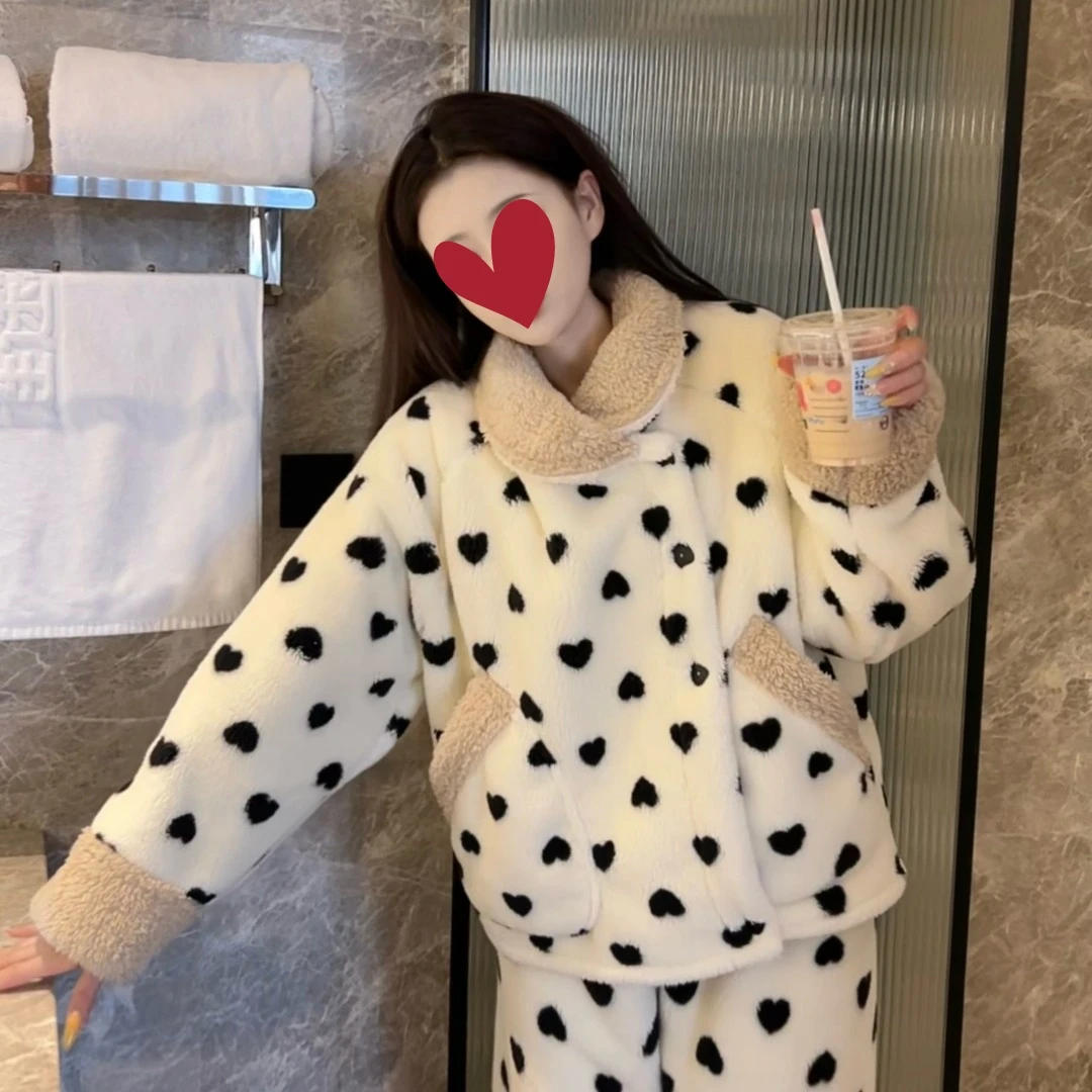 (爱心珍珠)冬季毛茸茸加厚保暖睡衣长袖可爱休闲家居服女外穿波点