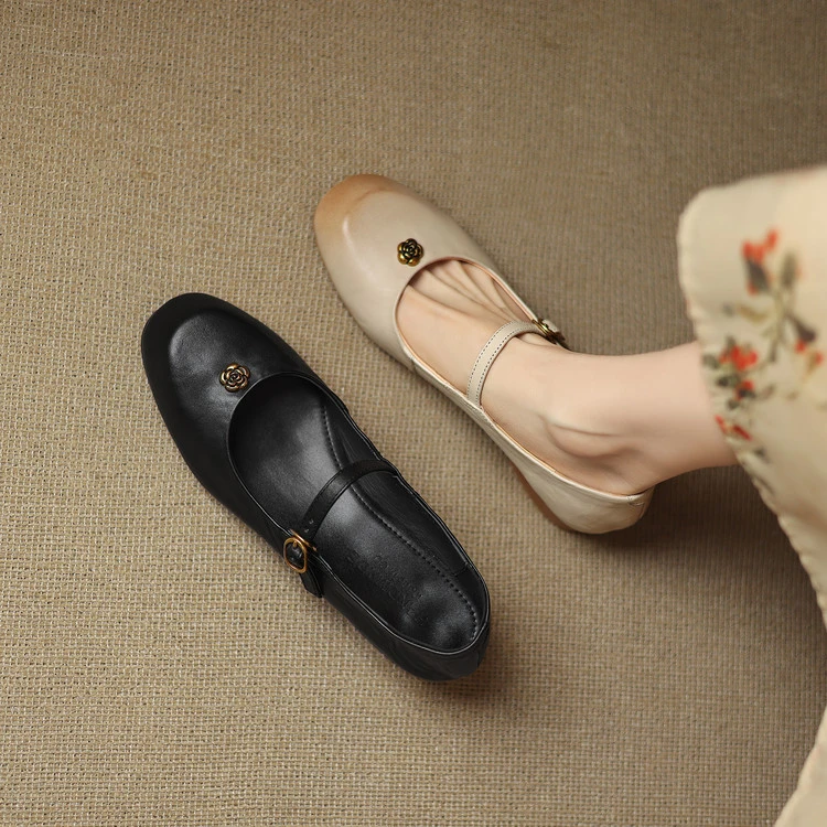 【跟高3CM】牛猪牛/百搭山茶花一字带粗跟玛丽珍女鞋平底单鞋