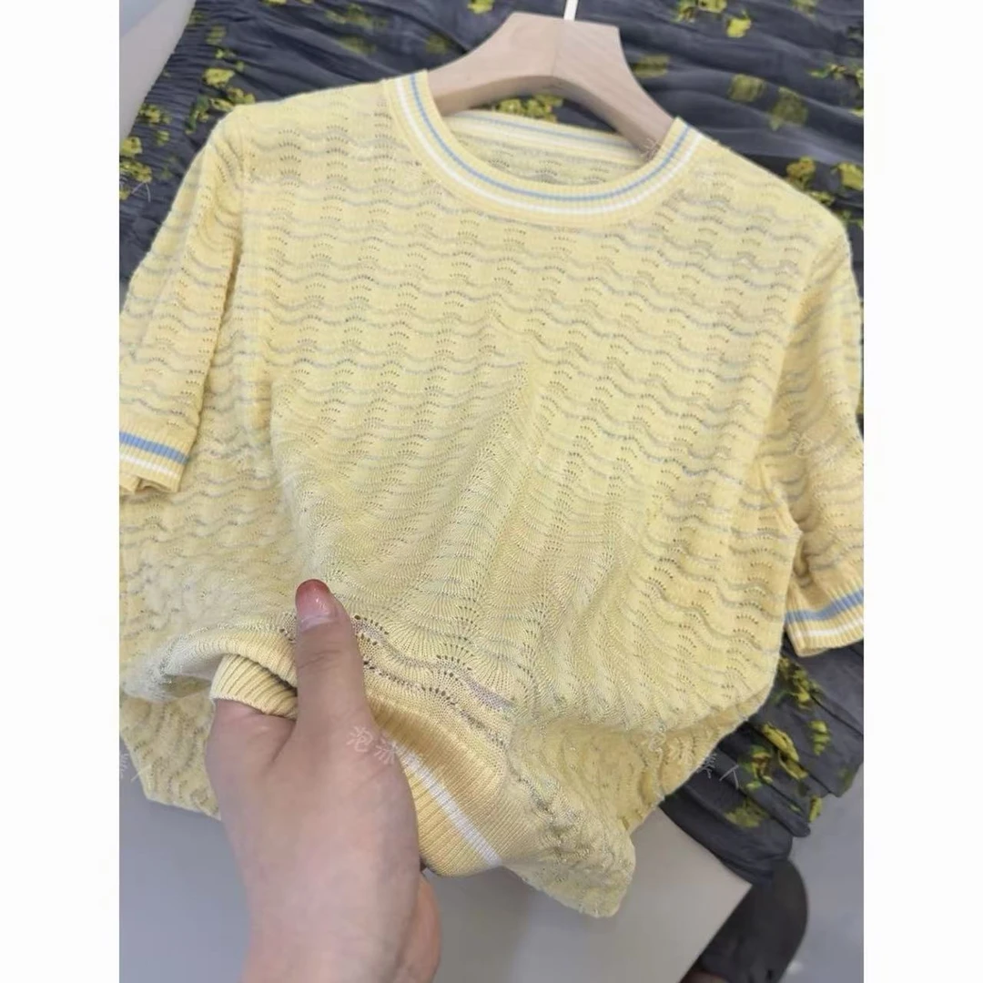 鹅黄水波浪」莱赛尔天丝镂空小香撞色圆领短袖针织衫女夏25新款 57